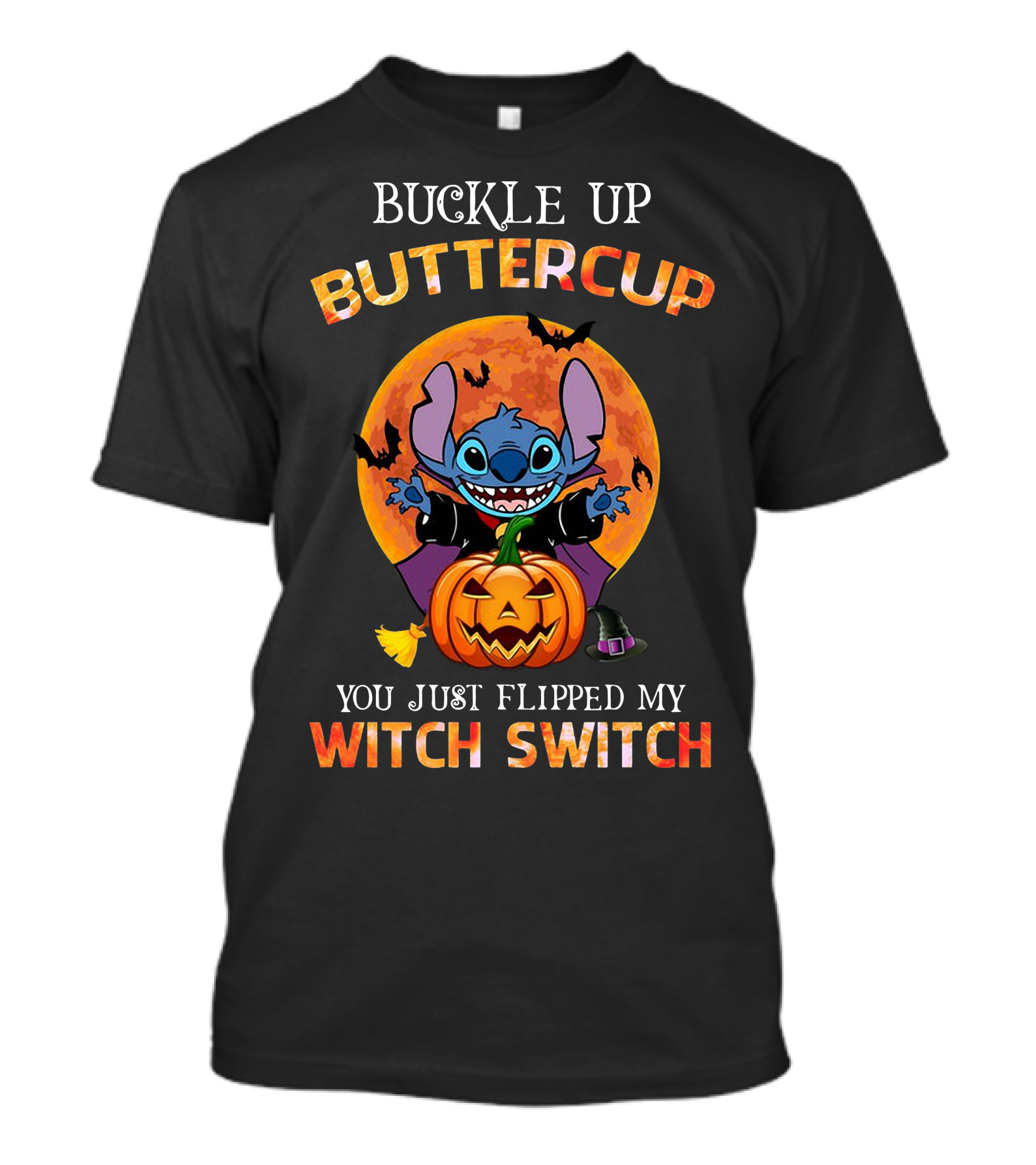 Buckle Up Buttercup Halloween Stitch You Just Flipped My Witch Switch Pumpkin Moon Bats T-Shirt