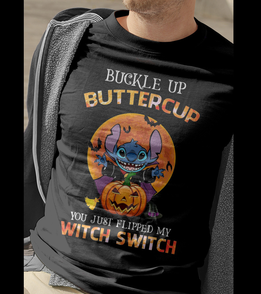 Buckle Up Buttercup Halloween Stitch You Just Flipped My Witch Switch Pumpkin Moon Bats T-Shirt
