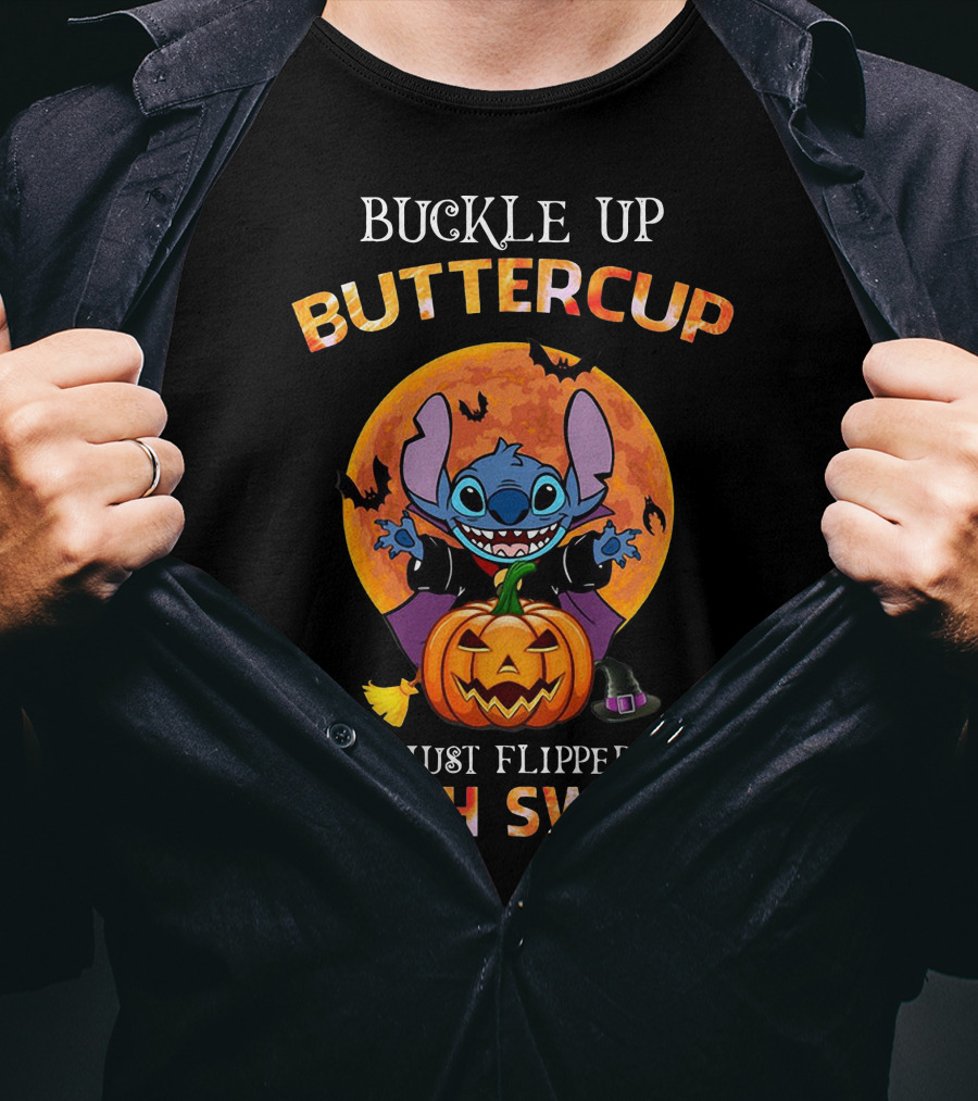 Buckle Up Buttercup Halloween Stitch You Just Flipped My Witch Switch Pumpkin Moon Bats T-Shirt