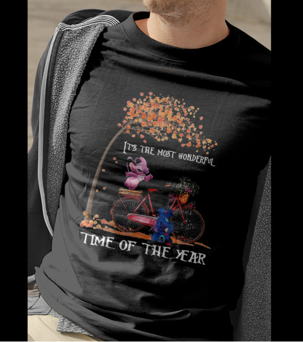 It's The Most Wonderful Time Of The Year Stitch On Bicycle With Fall Tree T-Shirt