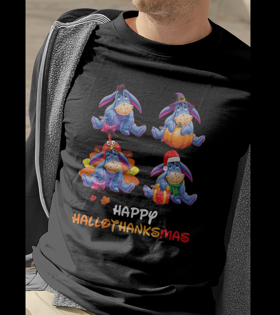 Eeyore Happy Hallothanksmas With Festive Seasonal Teal Accents T-Shirt