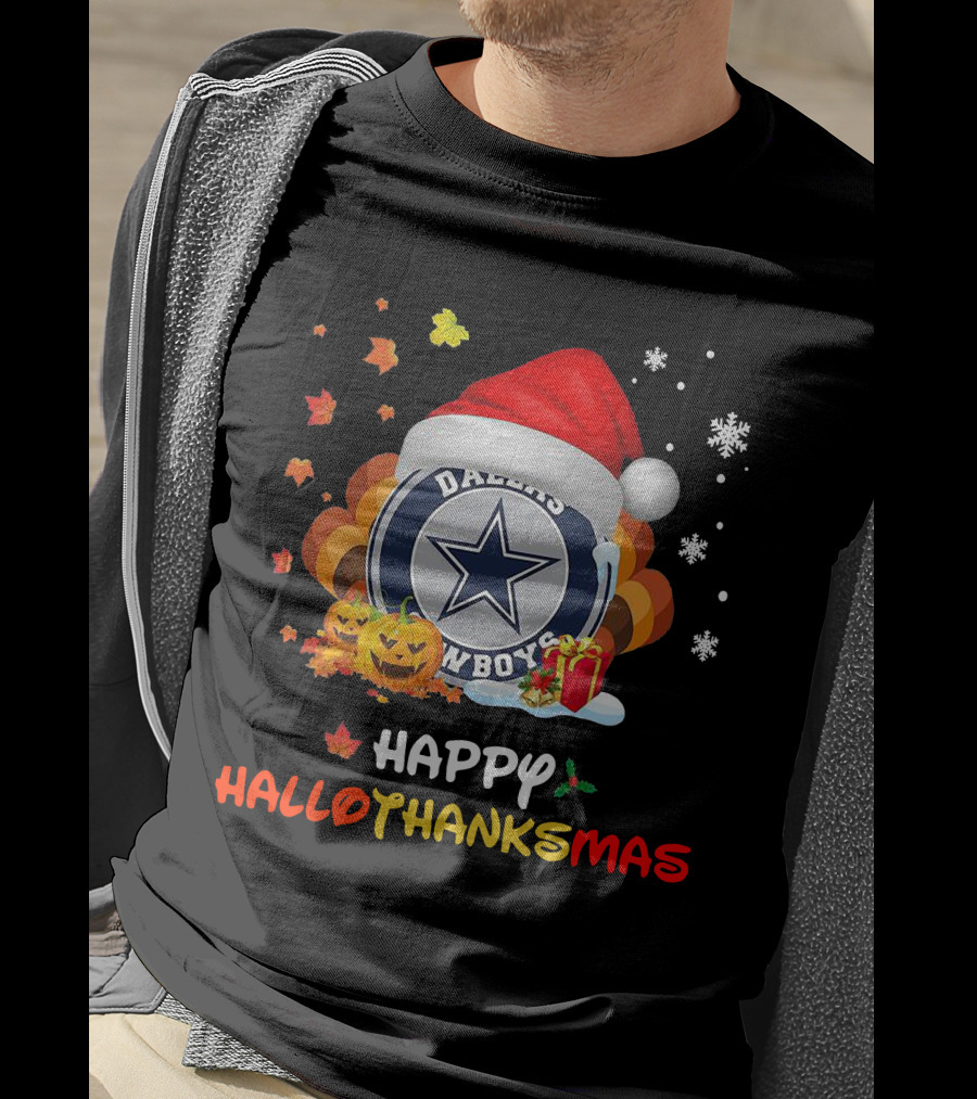 Happy Hallothanksmas Dallas Cowboys Pumpkin Santa Leaves Snowflakes T-Shirt