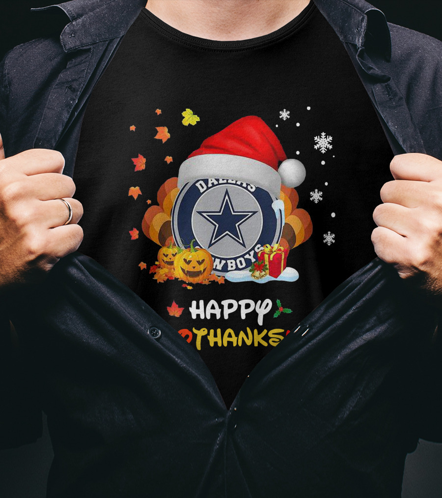 Happy Hallothanksmas Dallas Cowboys Pumpkin Santa Leaves Snowflakes T-Shirt