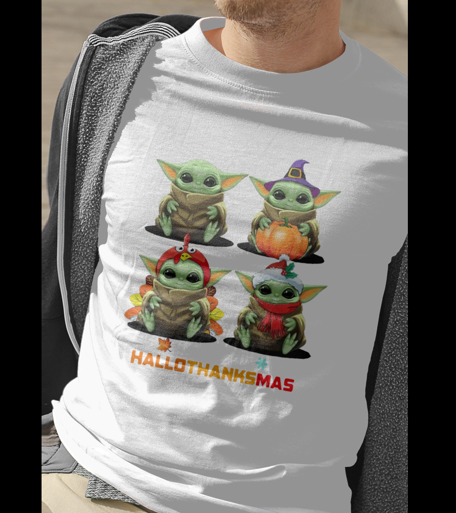 Baby Yoda Halloween Thanksgiving Christmas Happy Hallothanksmas T-Shirt