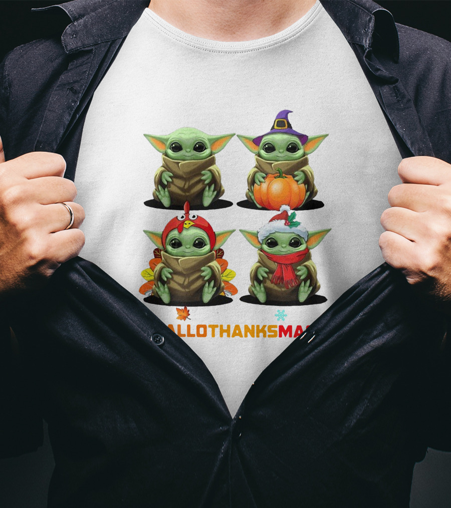Baby Yoda Halloween Thanksgiving Christmas Happy Hallothanksmas T-Shirt