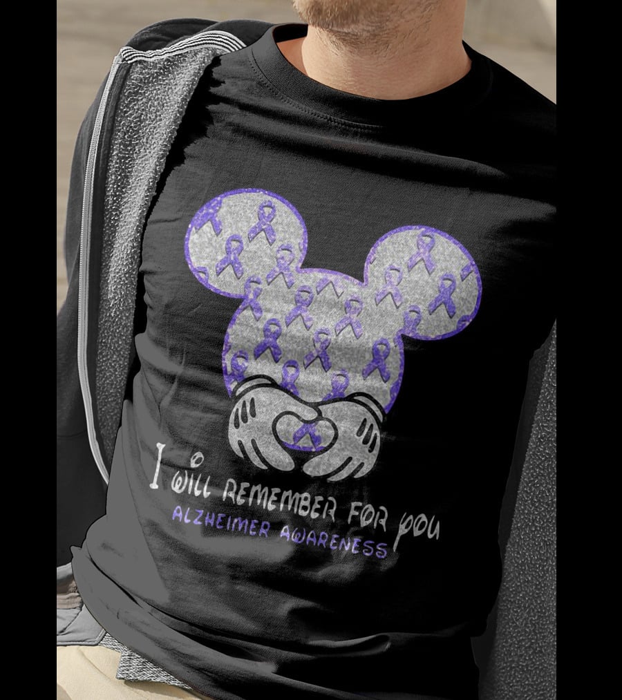 I Will Remember For You Alzheimer Awareness Mickey Pattern With Purple Ribbons T-Shirt