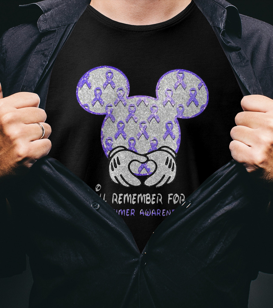 I Will Remember For You Alzheimer Awareness Mickey Pattern With Purple Ribbons T-Shirt