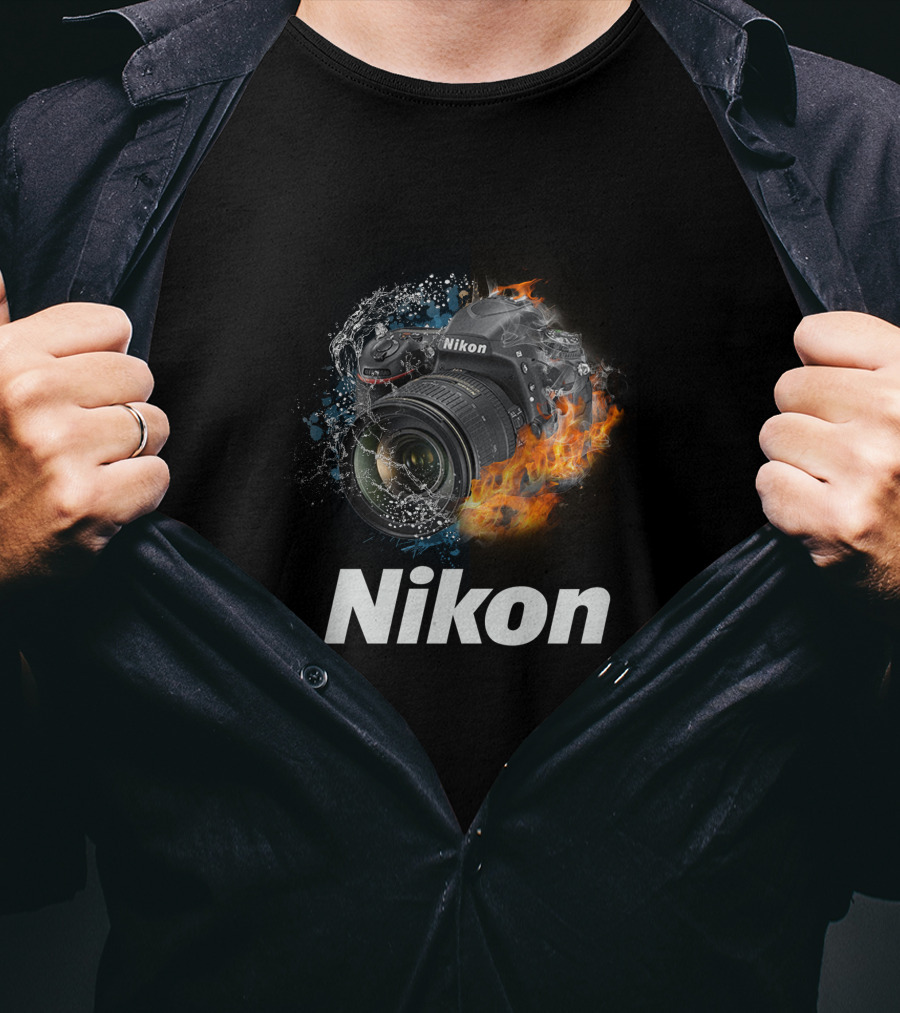 Nikon Camera Immersed In Water And Fire Elements T-Shirt