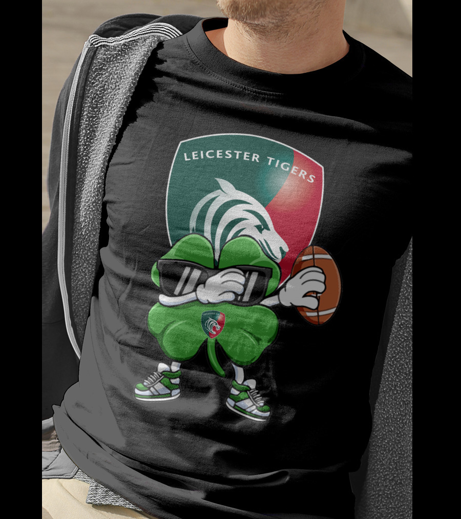 Leicester Tigers Shamrock Mascot Holding Rugby Ball T-Shirt
