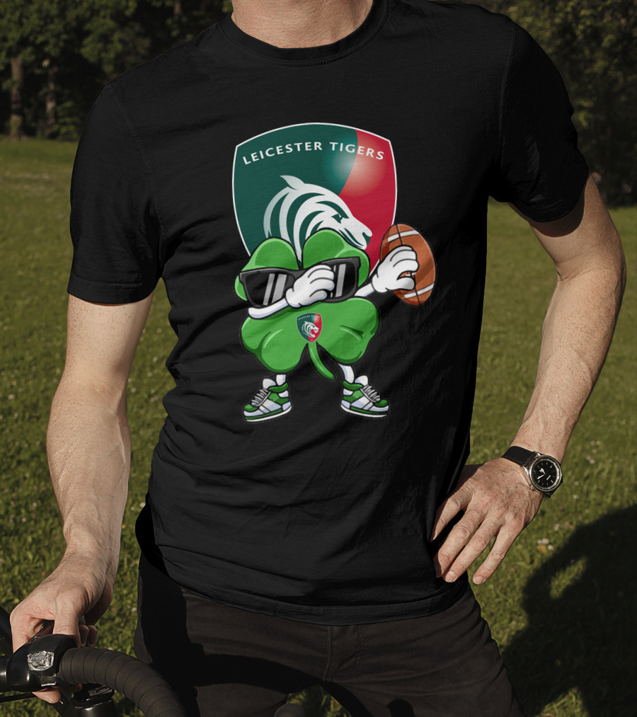 Leicester Tigers Shamrock Mascot Holding Rugby Ball T-Shirt