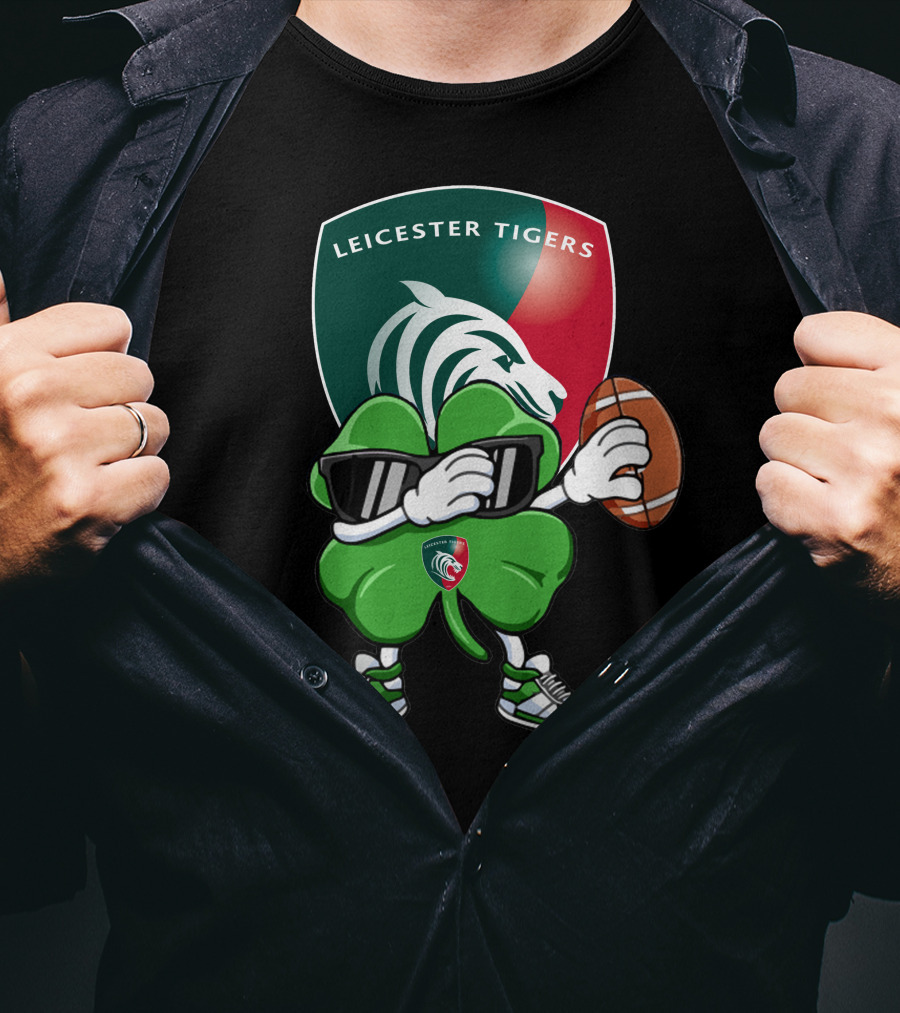 Leicester Tigers Shamrock Mascot Holding Rugby Ball T-Shirt