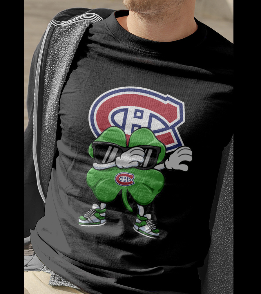 Montreal Canadiens Logo With Dabbing Four-Leaf Clover Wearing Sneakers And Sunglasses T-Shirt