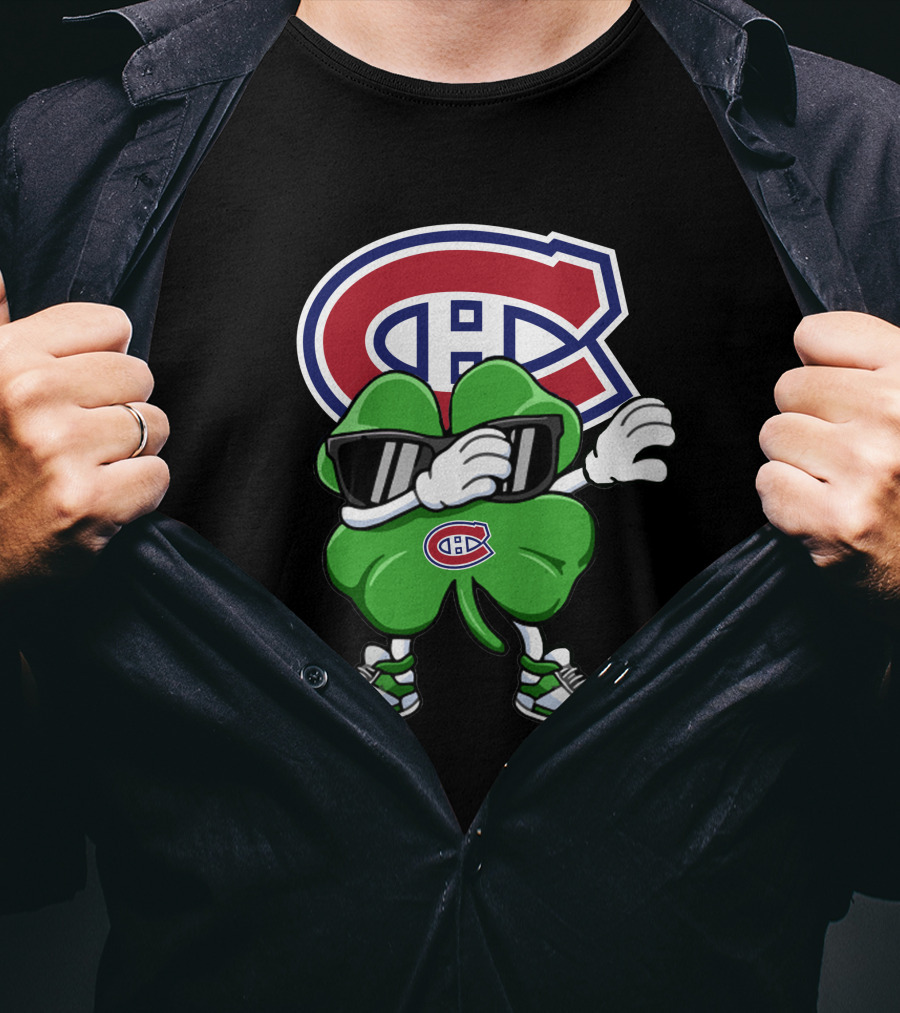 Montreal Canadiens Logo With Dabbing Four-Leaf Clover Wearing Sneakers And Sunglasses T-Shirt