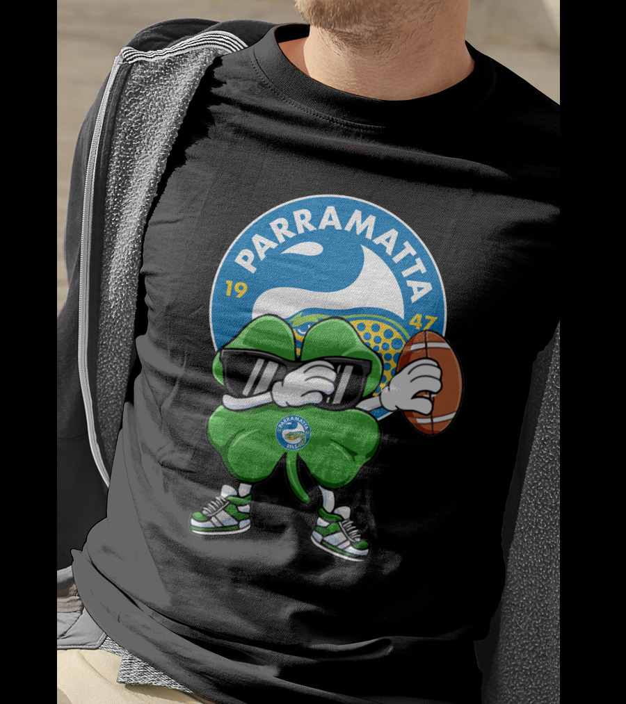 Parramatta Eels 1947 Clover Mascot With Football And Sunglasses T-Shirt