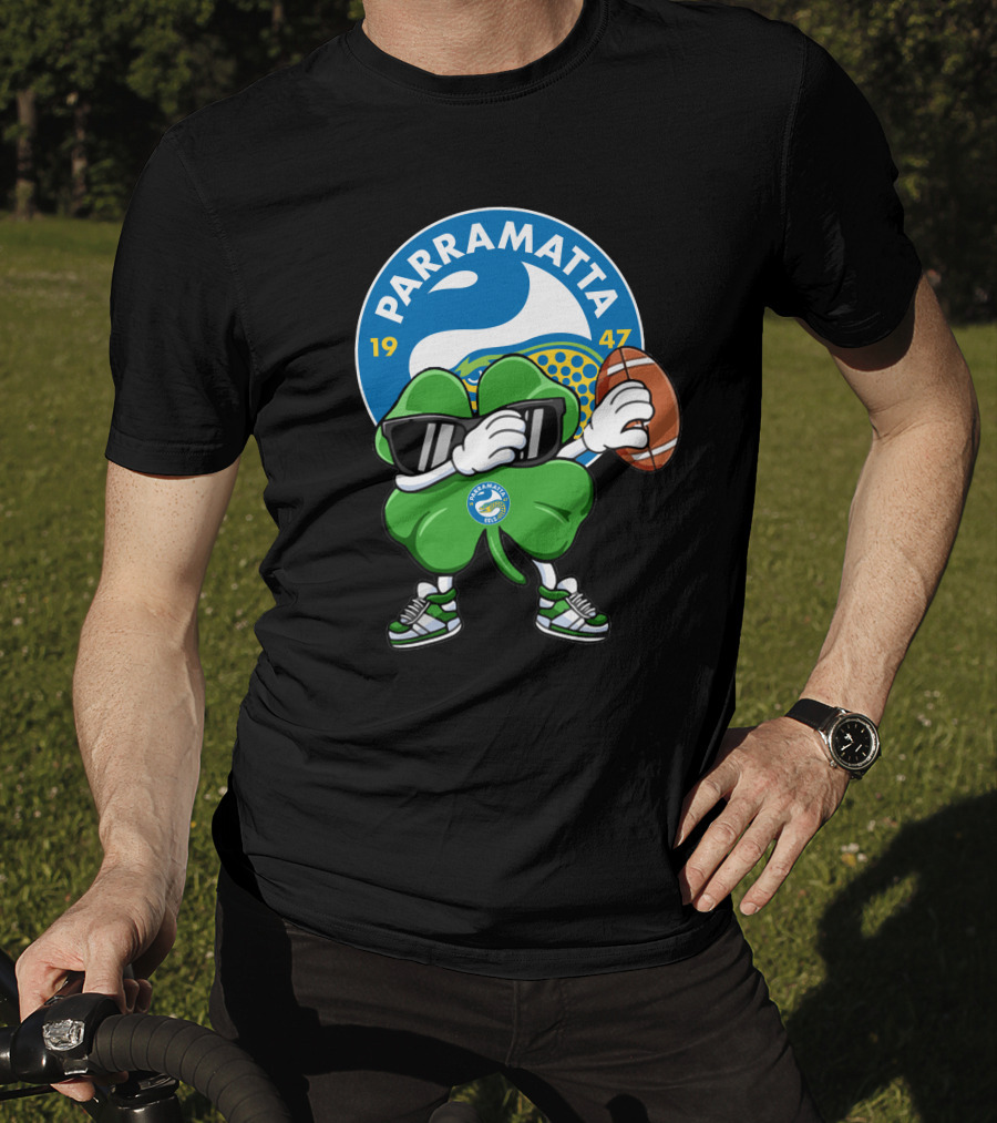 Parramatta Eels 1947 Clover Mascot With Football And Sunglasses T-Shirt