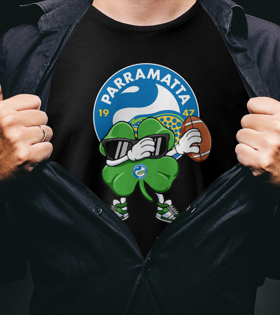 Parramatta Eels 1947 Clover Mascot With Football And Sunglasses T-Shirt