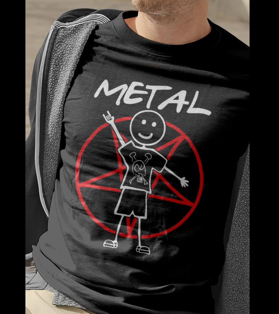 Metal Anthrax Stick Figure With Pentagram Rock Gesture T-Shirt