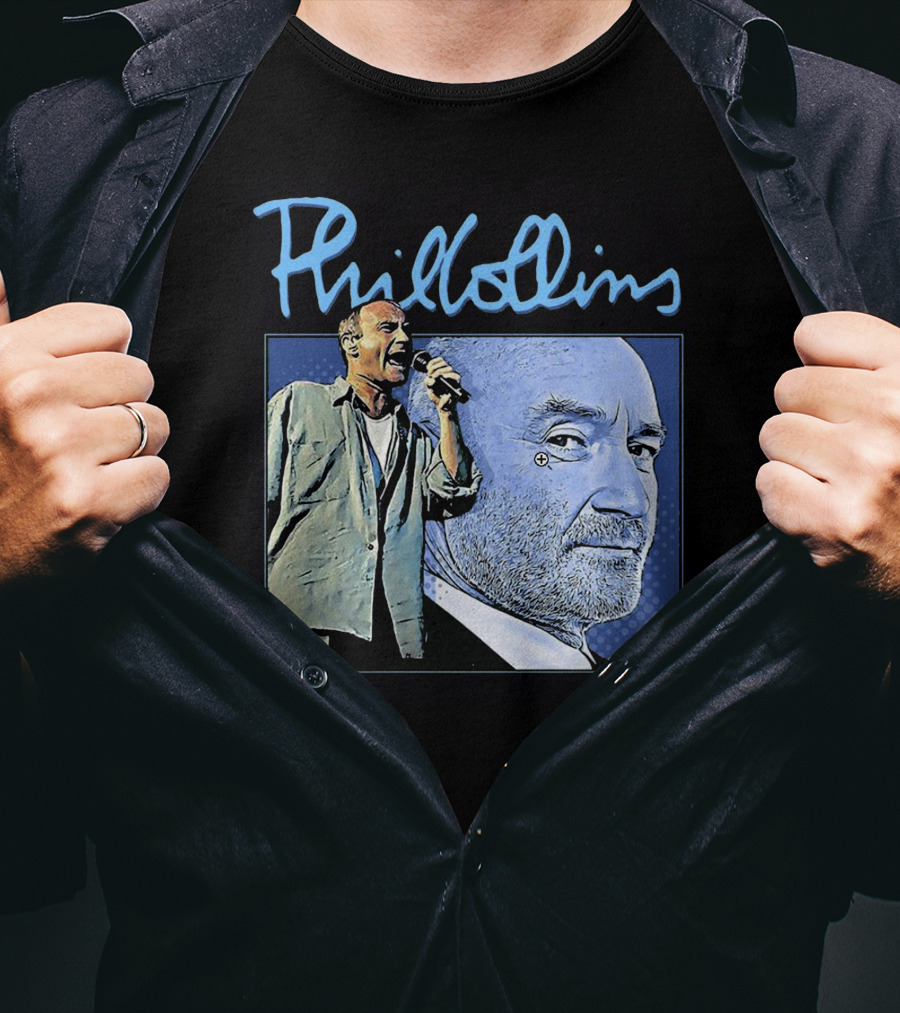 Phil Collins Blue Portrait With Microphone Performance T-Shirt