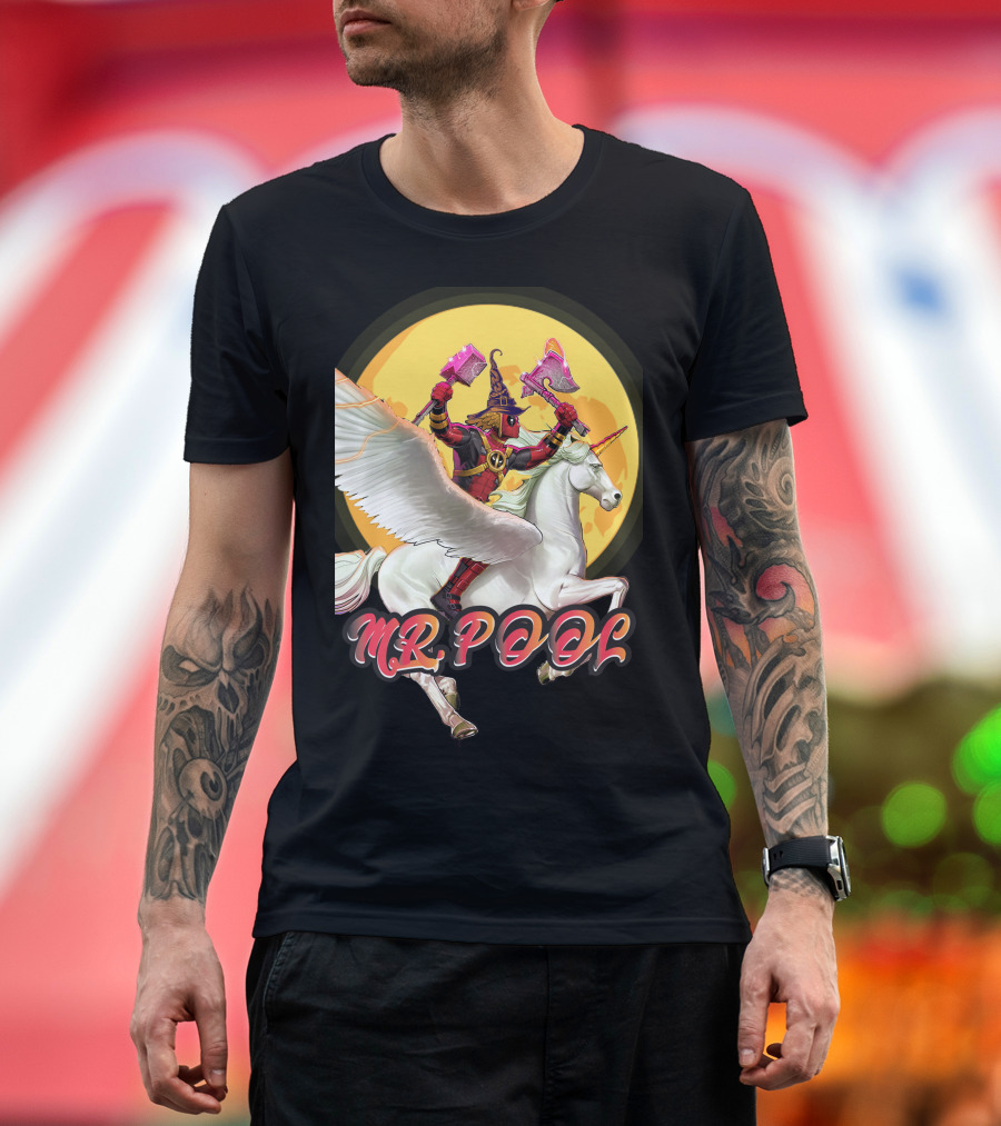 MR POOL Wizard on Unicorn with Pink Axes T-Shirt