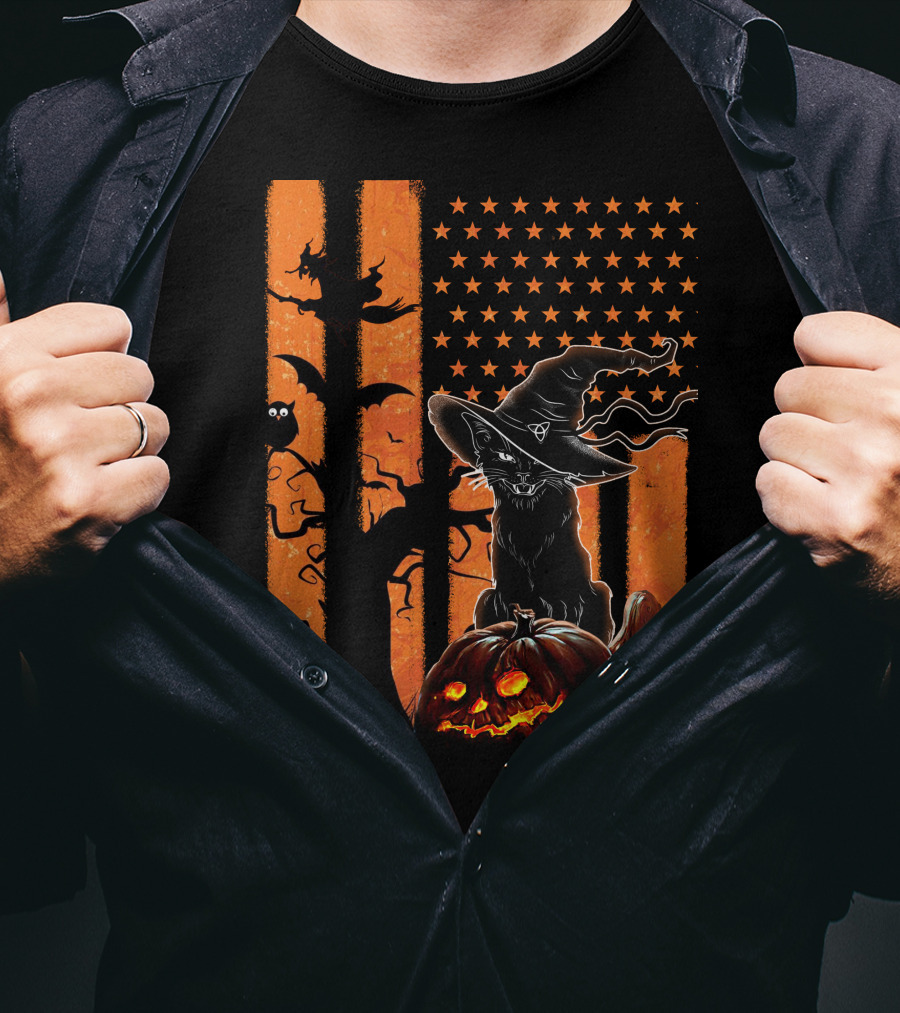 Halloween Black Cat Witch Hat Jack-O'-Lanterns And Stars On Orange Stripes T-Shirt