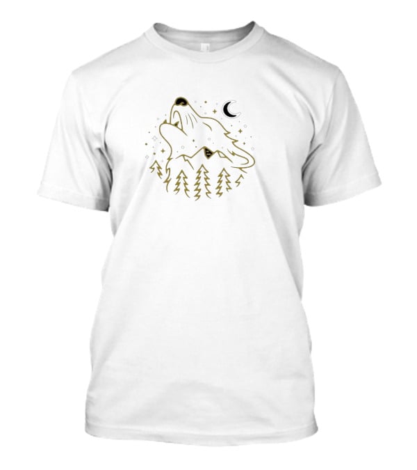 Lil Huddy Wolf Howling At Crescent Moon With Forest Trees And Stars T-Shirt