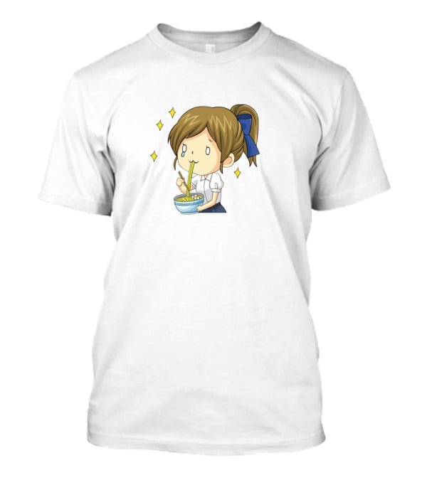 Onlywonderful Anime Girl Eating Ramen With Blue Bow And Sparkles T-Shirt