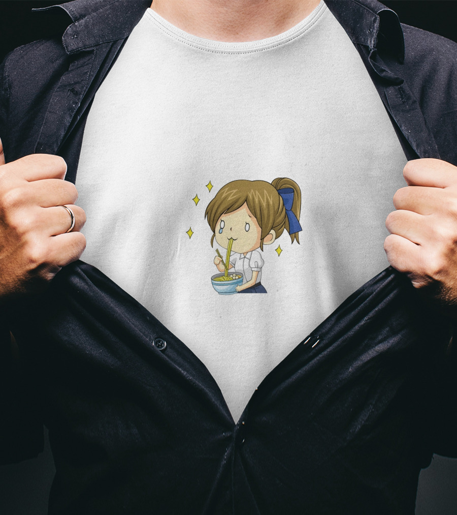 Onlywonderful Anime Girl Eating Ramen With Blue Bow And Sparkles T-Shirt
