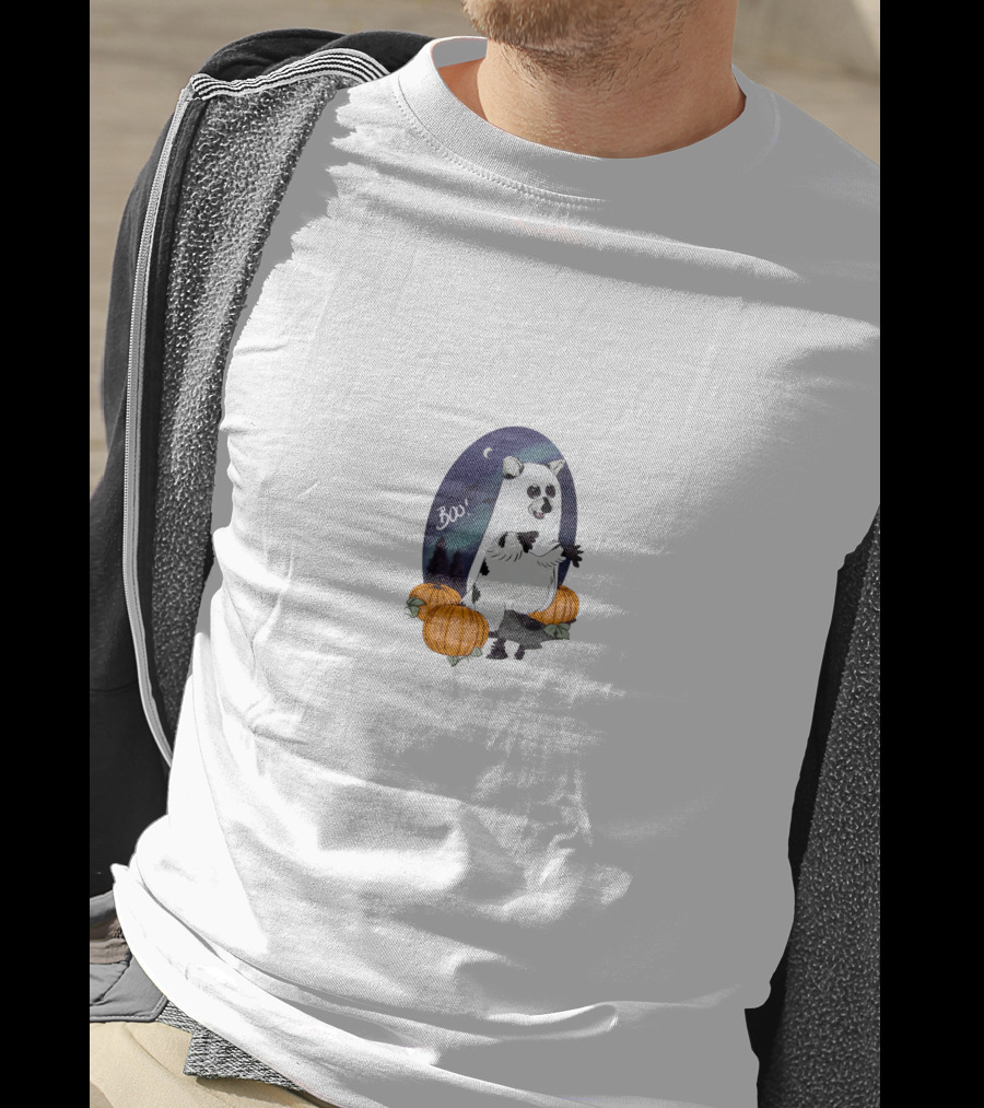 Boo Halloween Raccoon With Pumpkins And Moonlit Night Scene T-Shirt