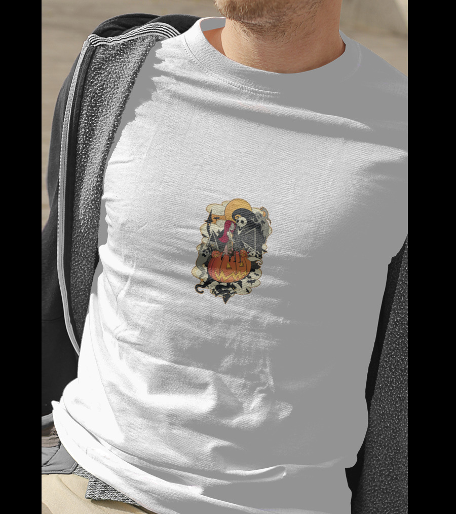 Halloween Jack Skellington Sitting On Pumpkin With Ghosts And Bats T-Shirt