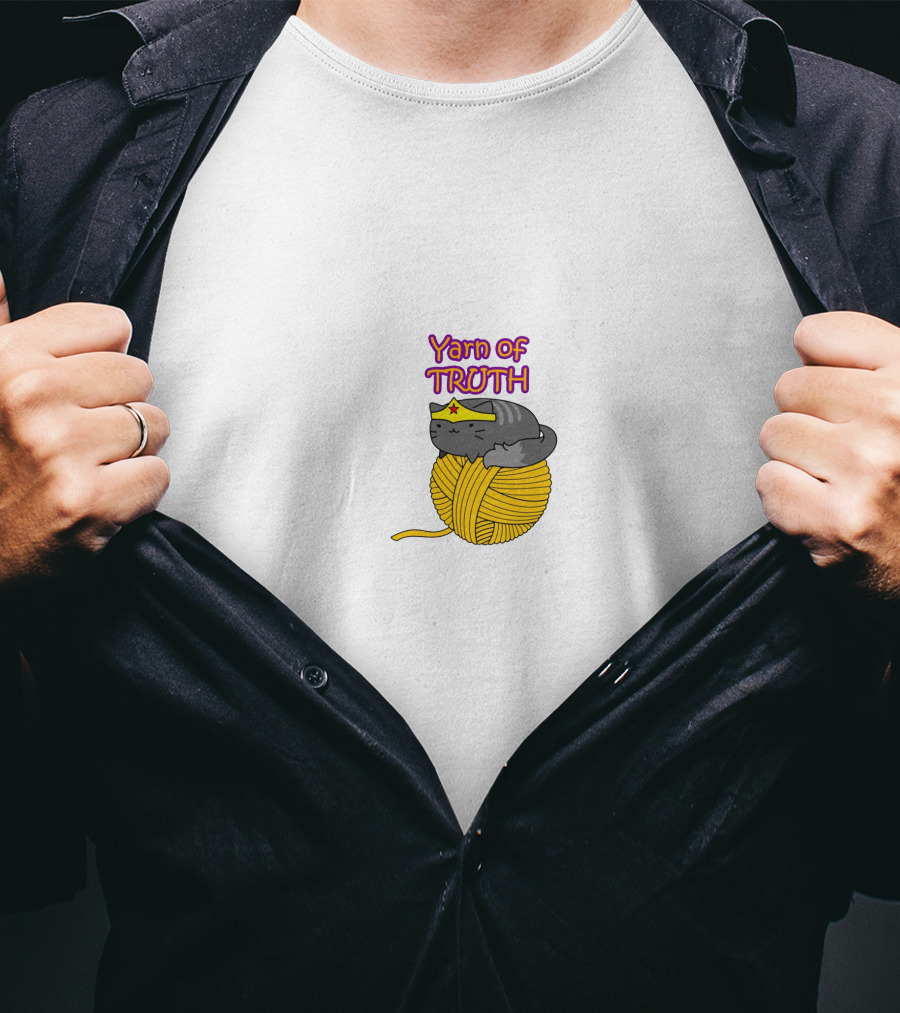 Yarn Of Truth Cat On Yellow Ball Of Yarn With Wonder Woman Headband T-Shirt