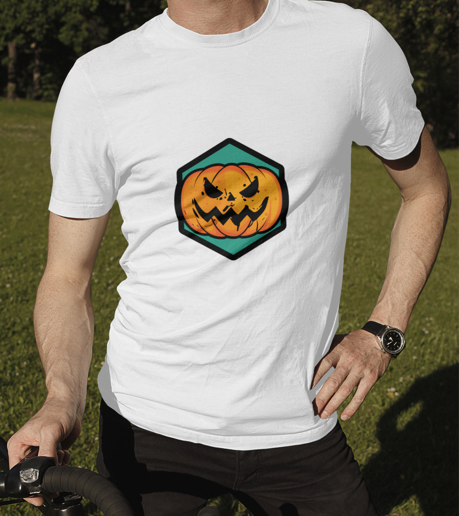 Jack-O'-Lantern Pumpkin Face Hexagon Badge T-Shirt