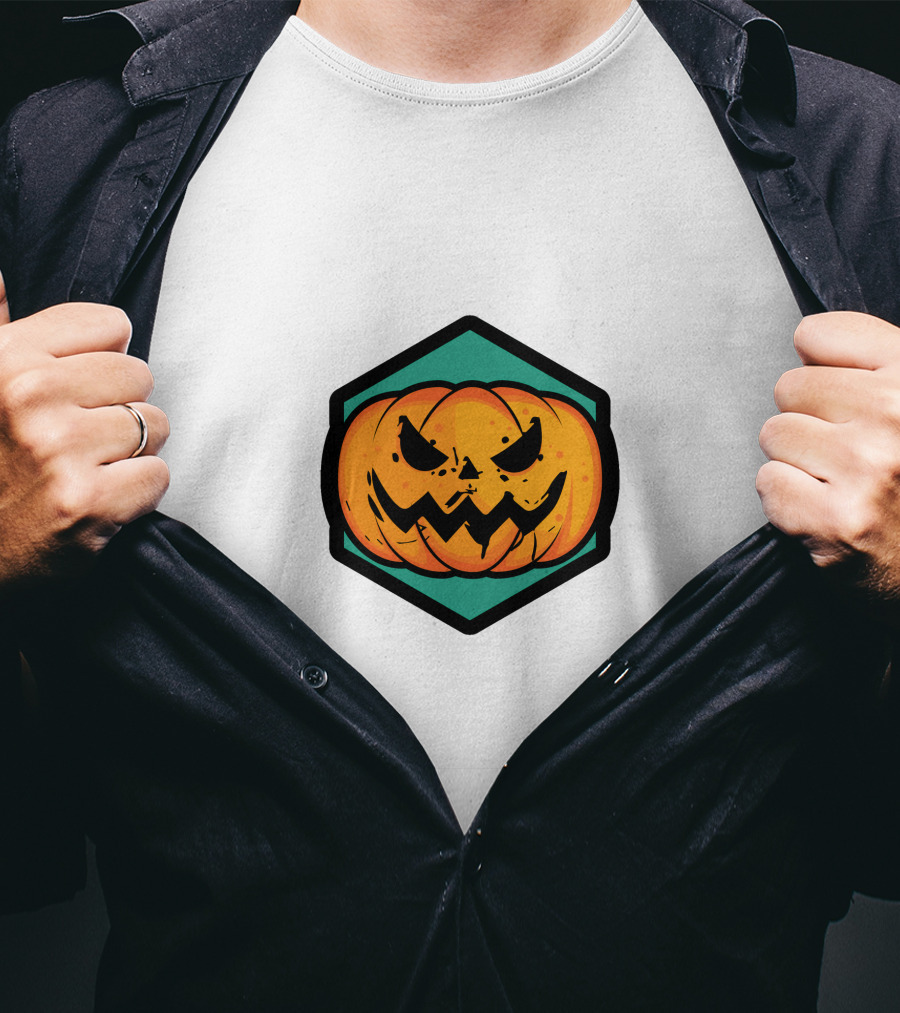 Jack-O'-Lantern Pumpkin Face Hexagon Badge T-Shirt