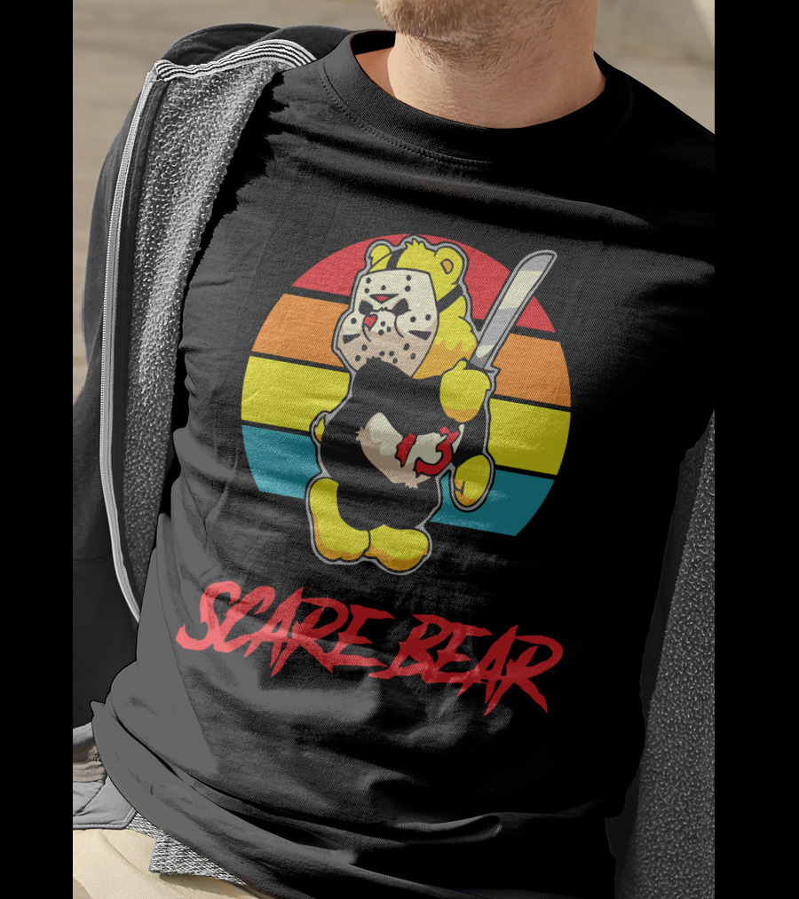 Scare Bear Slasher Retro Rainbow Bear With Mask And Knife T-Shirt