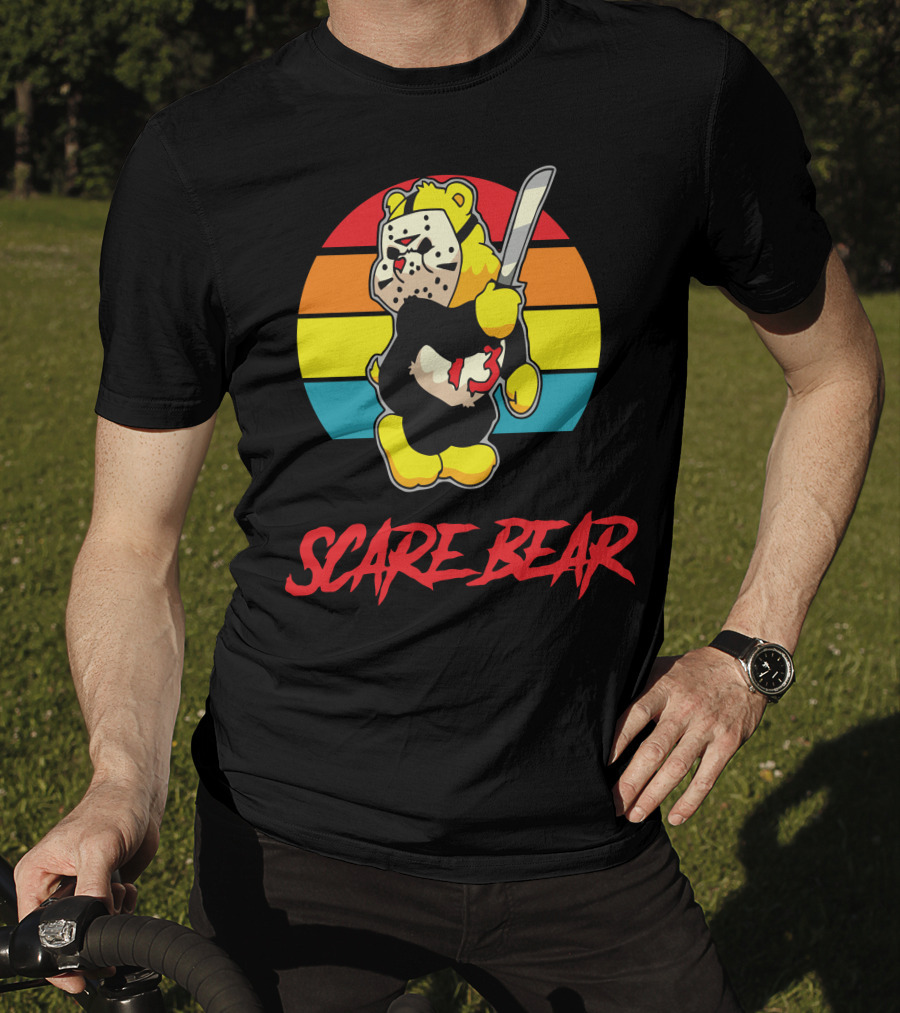 Scare Bear Slasher Retro Rainbow Bear With Mask And Knife T-Shirt