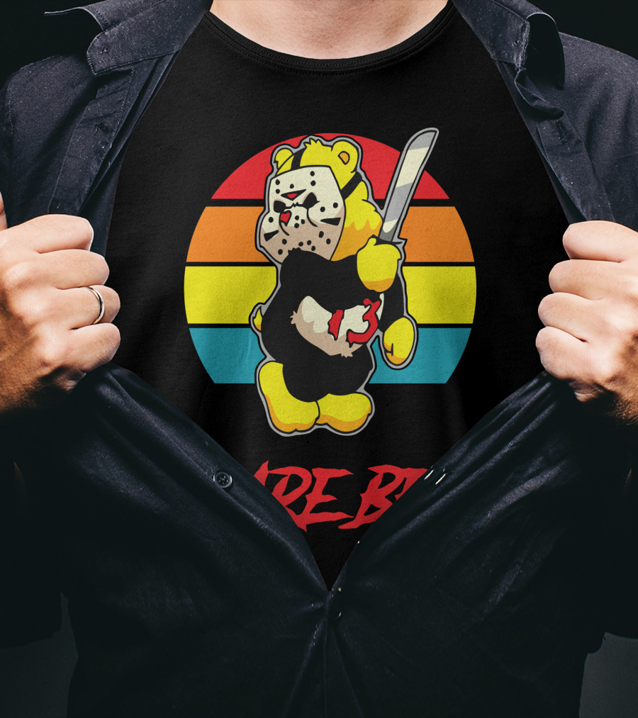 Scare Bear Slasher Retro Rainbow Bear With Mask And Knife T-Shirt