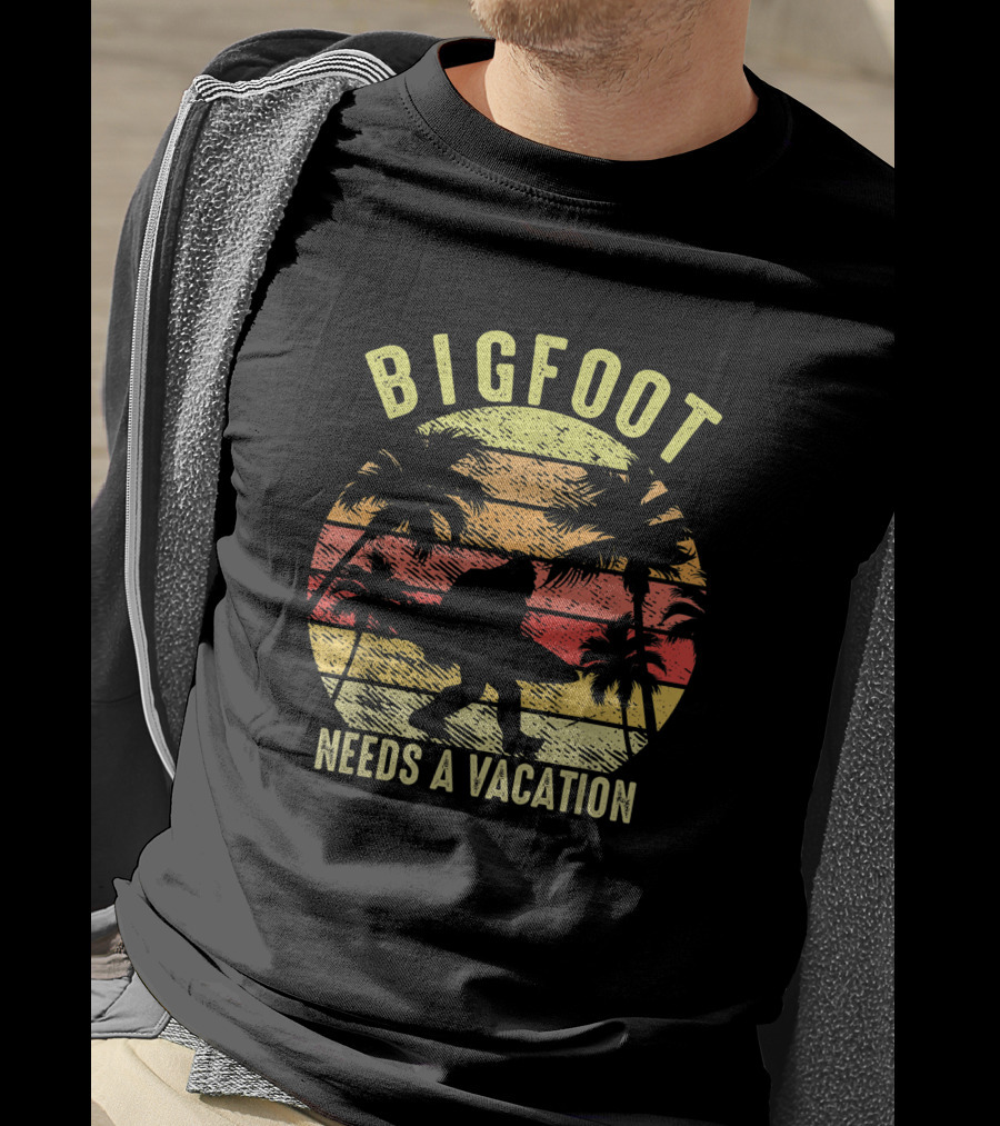 Bigfoot Needs A Vacation Retro Vintage Hawaiian Sunset T-Shirt
