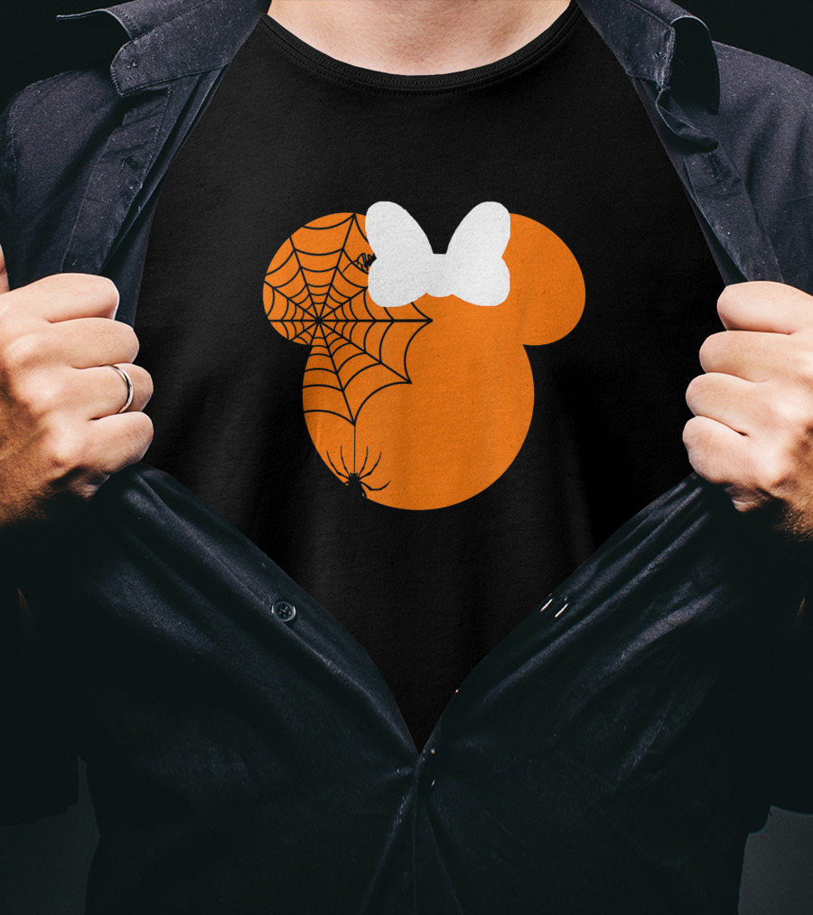 Cute Mouse Halloween Pumpkin With Bow And Spider Web T-Shirt