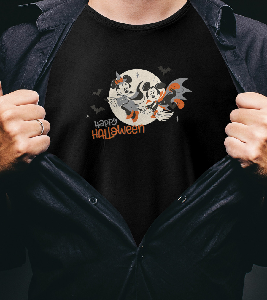 Happy Halloween Disney Minnie And Mickey Flying On Broomsticks T-Shirt