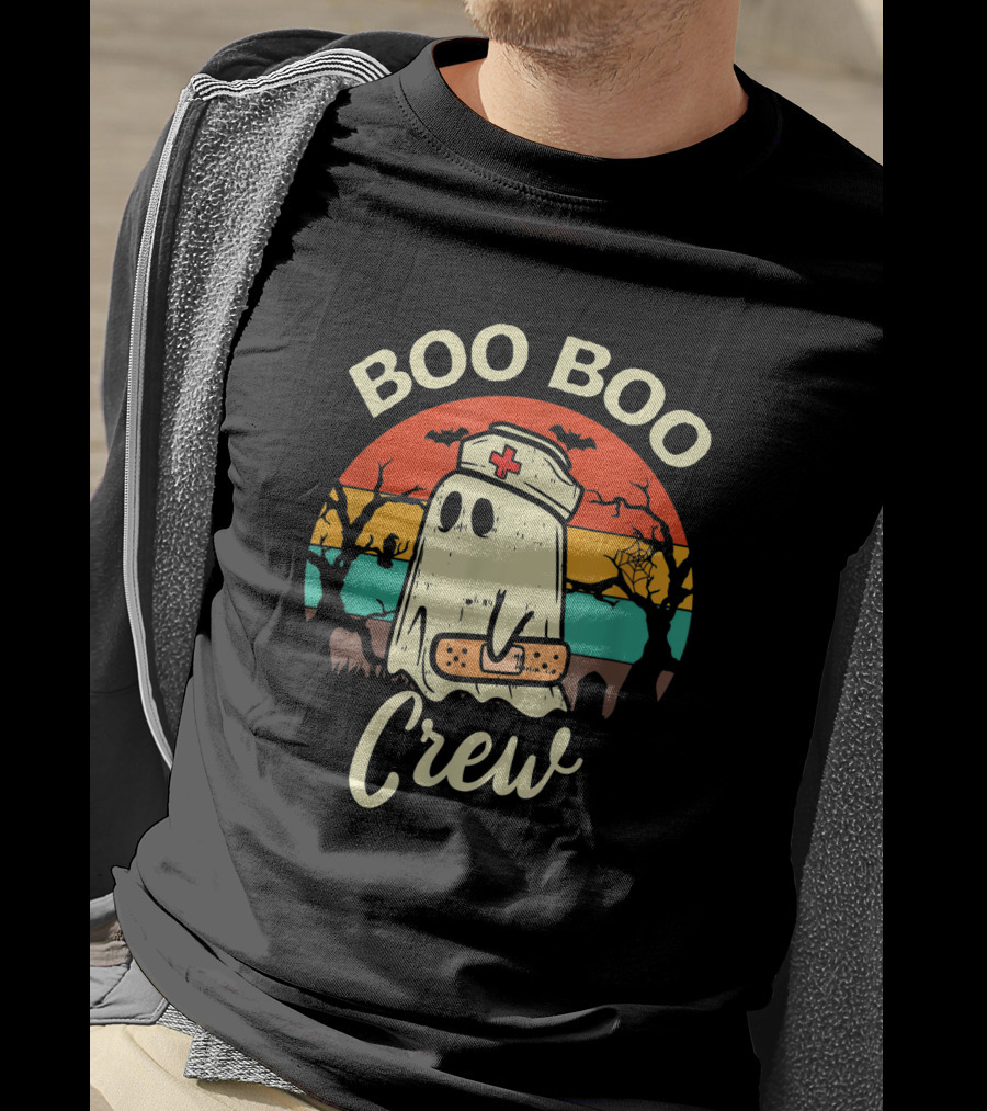 Boo Boo Crew Funny Nurse Ghost Halloween With Bats And Bandage T-Shirt