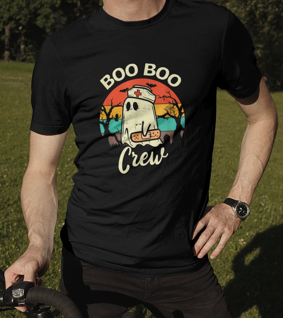 Boo Boo Crew Funny Nurse Ghost Halloween With Bats And Bandage T-Shirt
