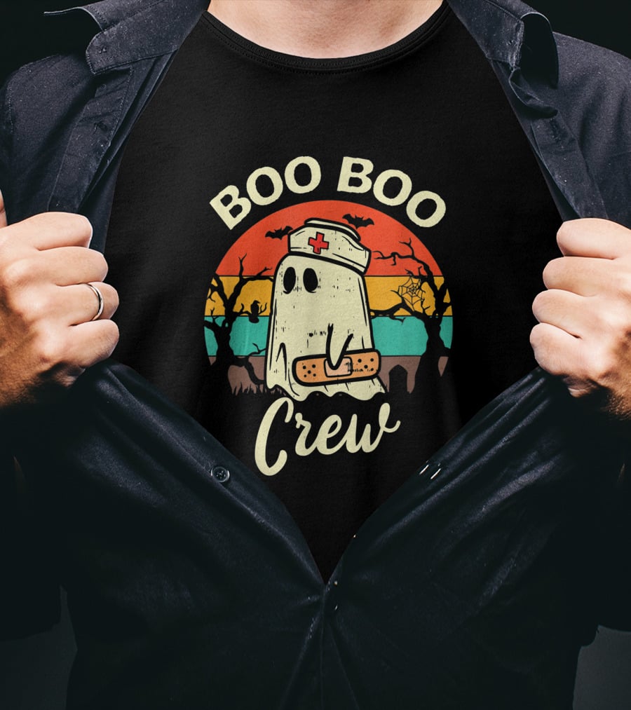 Boo Boo Crew Funny Nurse Ghost Halloween With Bats And Bandage T-Shirt