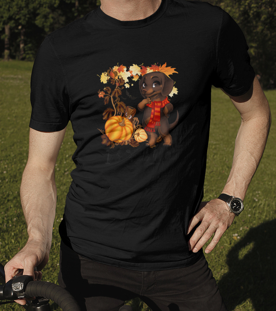 It's Fall Y'all Dachshund With Pumpkins And Autumn Leaves T-Shirt