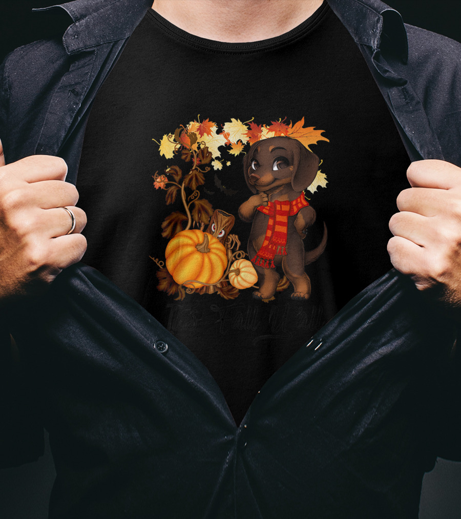 It's Fall Y'all Dachshund With Pumpkins And Autumn Leaves T-Shirt