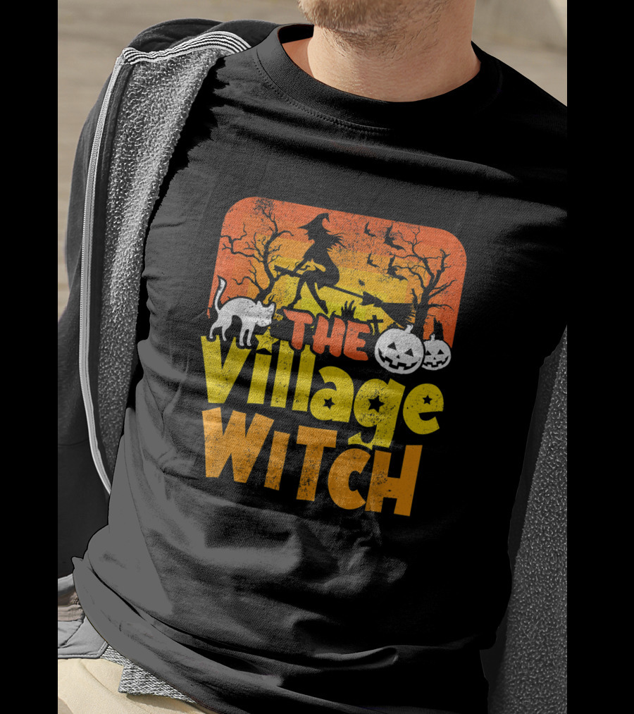 The Village Witch Funny Halloween Witch Pumpkin Cat Moon Scene T-Shirt