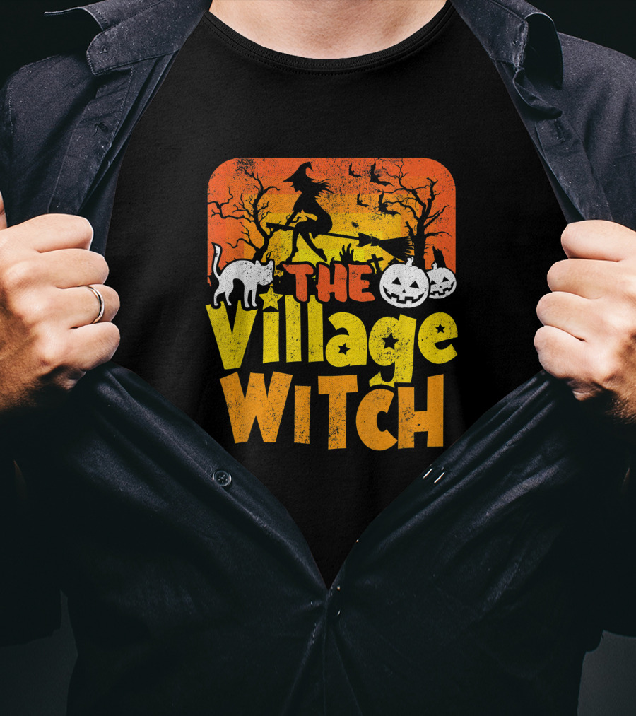 The Village Witch Funny Halloween Witch Pumpkin Cat Moon Scene T-Shirt