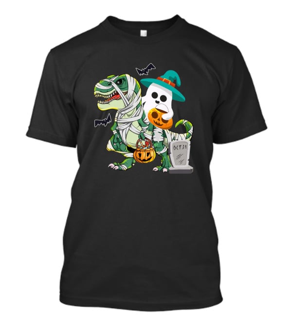 Ghostly Mummy Dinosaur With Pumpkin Candy And Oct 31 Tombstone T-Shirt