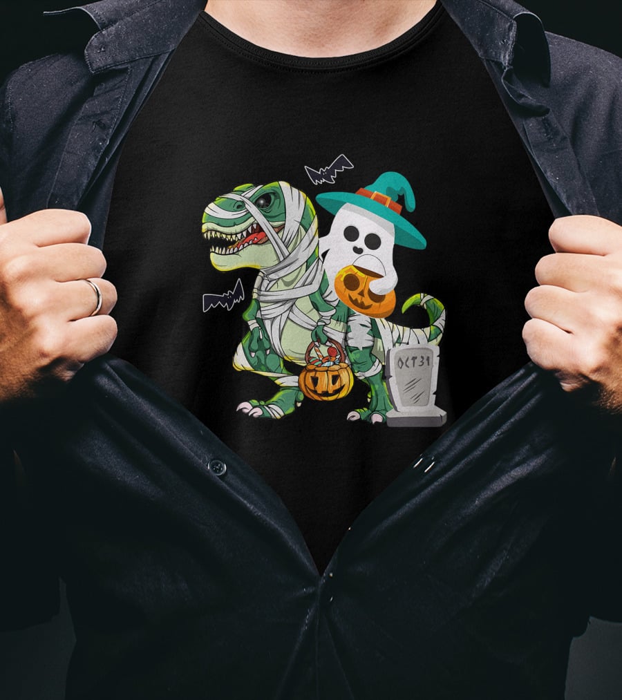 Ghostly Mummy Dinosaur With Pumpkin Candy And Oct 31 Tombstone T-Shirt