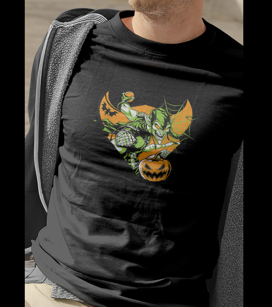 Marvel Green Goblin Pumpkin Bomb Halloween Bats Iconic Villain Orange Web T-Shirt