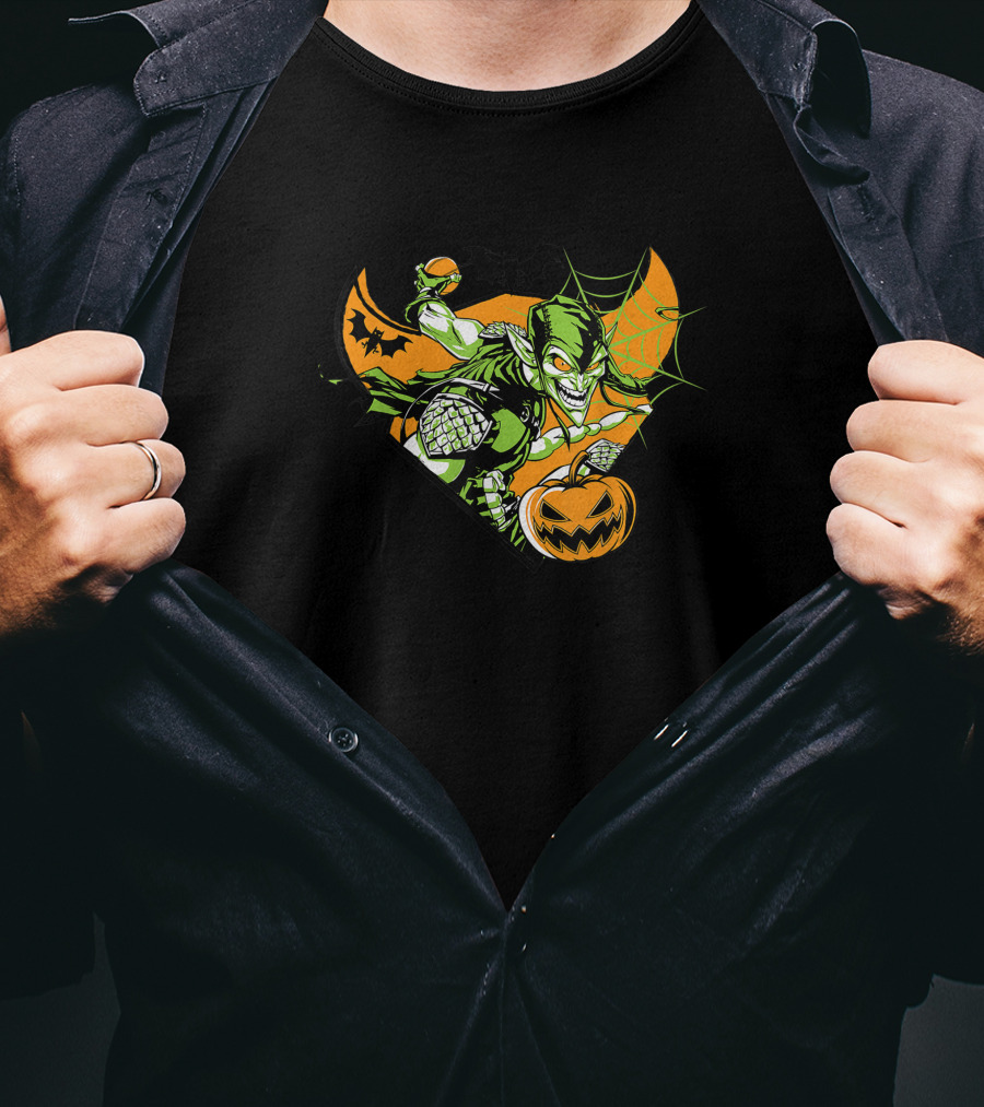Marvel Green Goblin Pumpkin Bomb Halloween Bats Iconic Villain Orange Web T-Shirt