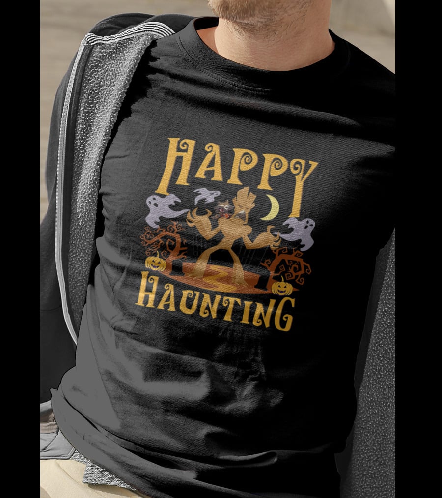 Marvel Groot And Rocket Raccoon Happy Haunting Ghosts Pumpkins Moon Trees T-Shirt